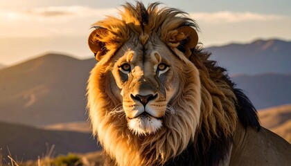 Regal lion stares intently, sunlit mane ablaze against mountain backdrop