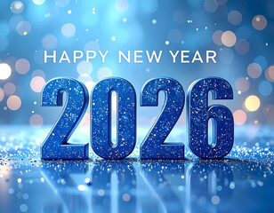 Vibrant Blue Happy New Year 2026 Celebration with Sparkling Bokeh Lights and Glitter