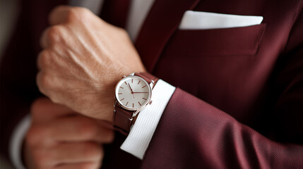 Close up of a man adjusting his burgundy suit while wearing elegant wristwatch with a brown leather strap and minimalistic white dial.