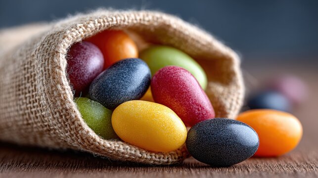 A burlap sack spills colorful candies on a wooden surface, showcasing vibrant hues of jelly beans, Perfect for marketing campaigns, food blogs, and festive themes,