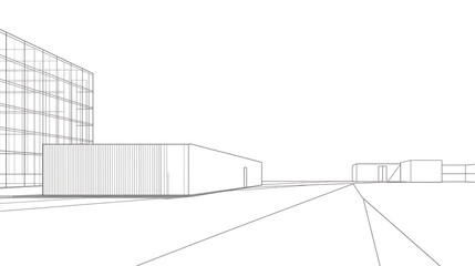 Minimalist architectural line drawing depicting modern buildings in perspective. It features clean, thin grey construction lines outlining a multi-story glass facade on the left,.