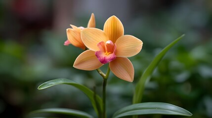 Fototapeta premium Close up of a vibrant orange and pink orchid flower against a soft blurred green garden backdrop