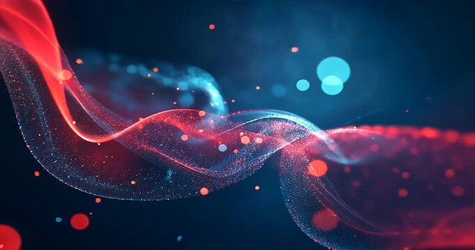 Vibrant abstract waves of red and blue light swirl against a dark background, creating a dynamic visual