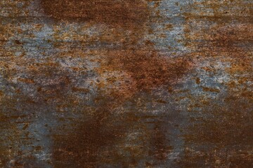 A close-up view of a heavily rusted metal surface, featuring rich brown and orange corrosion spreading over a dull gray base. Grungy, textured, and weathered