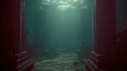 atlantean. Submerged Atlantean cityscapes with ancient glowing migration paths beneath rippling water. travel magazines, destination branding, designed for outdoor magazines and nature guides.