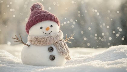 Fototapeta premium Adorable, smiling figure constructed from snow wears winter knitwear outside in bright light