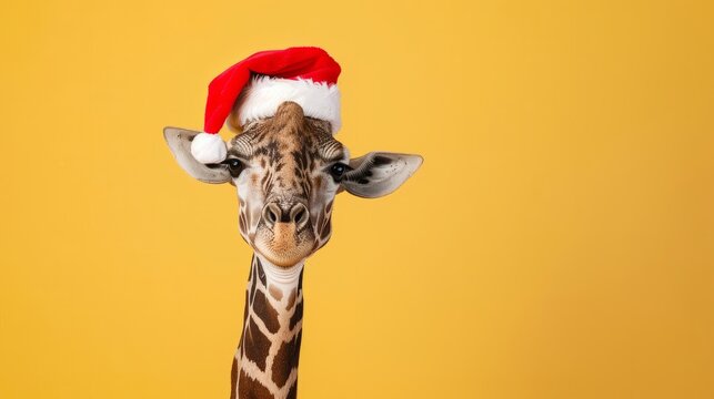 Giraffe wearing a festive red Santa hat against a vibrant yellow background, showcasing a playful holiday spirit and cheerful atmosphere in a whimsical setting