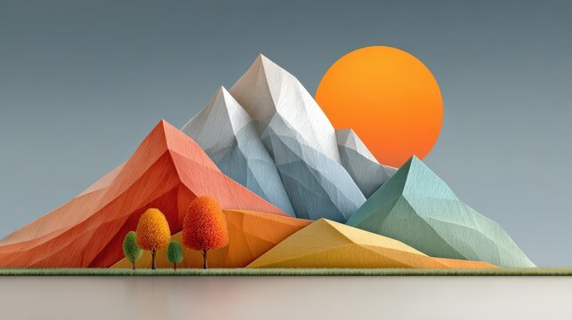 A vibrant low-poly landscape featuring colorful mountains and a large sun, Suitable for design projects, backgrounds, or digital art, conveying a sense of creativity and nature,