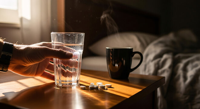Hand reaching for a tall glass of clear water next to a mug and medication on a wooden surface bathed in sunlight
