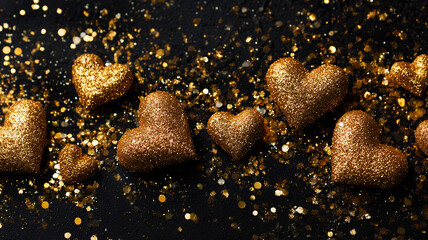 Black and gold Valentine&rsquo;s Day banner featuring shimmering golden heart shapes surrounded by sparkling glitter dust. This luxurious, elegant background for romantic promotions, holiday sales.