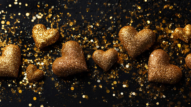 Black and gold Valentine&rsquo;s Day banner featuring shimmering golden heart shapes surrounded by sparkling glitter dust. This luxurious, elegant background for romantic promotions, holiday sales.