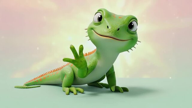 A happy cartoon lizard with orange spots grins widely