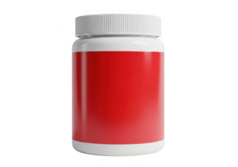 White pill bottle with a red label isolated on transparent background