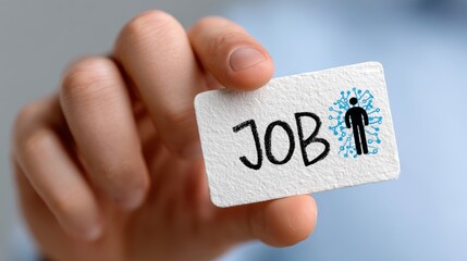 A person holds a card that prominently displays the word JOB, symbolizing employment opportunities, This image can be used for career-related content, job advertisements, or recruitment marketing,