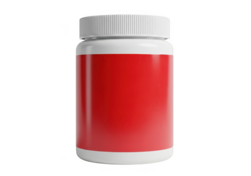White pill bottle with a red label isolated on transparent background