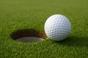 White golf ball resting on the edge of a hole on a lush green field, showing texture and placement suitable for professional golfing practice or sports photography