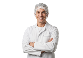 Smiling male professional in a white lab coat and hairnet showing a positive attitude in a clean environment
