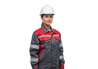 Young woman in safety gear stands confidently for a portrait in a professional setting