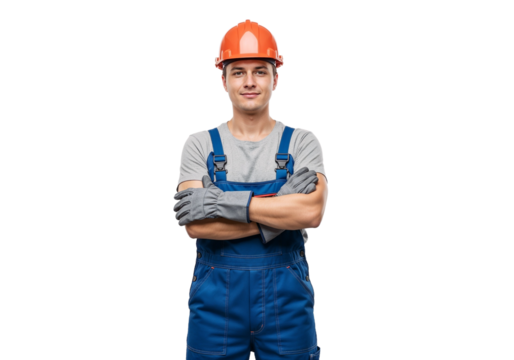 Construction worker stands confidently with arms crossed wearing safety gear in a studio setting