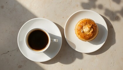 Top-down view of espresso cup, pastry, and small plate on neutral background, clean modern aesthetic, natural shadows, perfect for minimalist lifestyle and editorial food visuals.