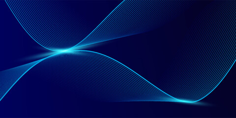 Abstract glowing wave lines on dark blue background with dynamic, flowing pattern. Ideal for futuristic technology designs and banners.