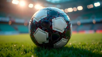 Soccer ball sitting on grass in stadium, prepared for professional football match or training session with visible field lines and lighting conditions suitable for sports photography