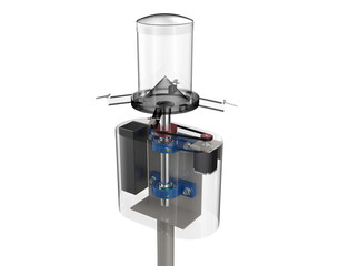 Modern Automated Fish Feeding Machine (Centrifugal Rotary Spreader): Engineering Illustration of Industrial Grade Feeder Mechanism with Electric Motor and Belt Drive on Transparent Background.