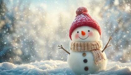 Charming handmade figure crafted from compacted snow stands happily amidst falling snow