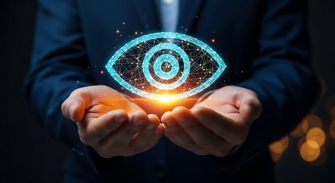 Businessman Holding Digital Eye Icon Representing Vision and Technology. - Powered by Adobe