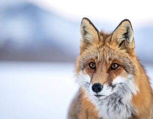 Fototapeta premium Portrait of a red fox with vibrant fur, alert expression, set against a blurry snow-covered backdrop
