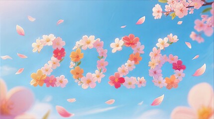Cherry Blossom Numerals Forming 2026 with Flowers against Bright Blue Sky and Drifting Petals, Spring Blossom Typography