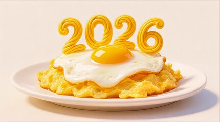 Plate of Fluffy Scrambled Eggs Topped with Sunny Side Egg and Twisted Golden 2026 Birthday Candles, Breakfast Celebration Concept