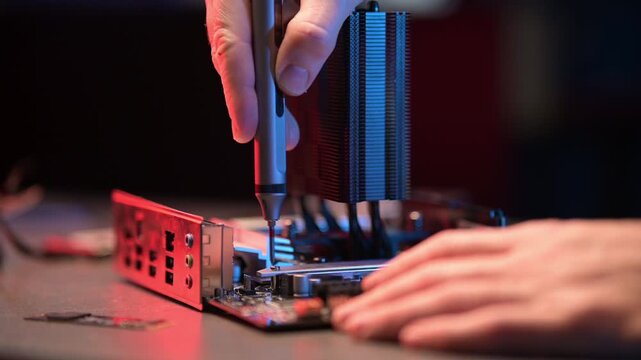 Closeup hand of computer hardware dissemblers fixing computer PC.