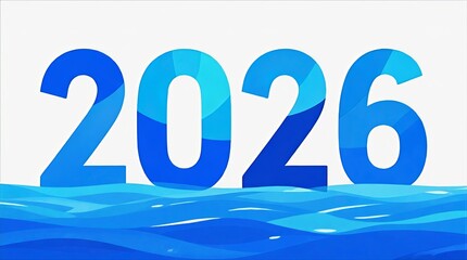 Bold Blue 2026 Numerals with Gradient Partially Submerged in Stylized Wavy Water on Clean White Background, Water Year Illustration