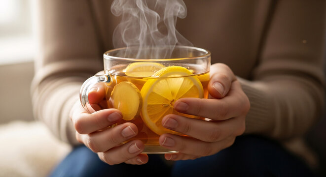 Warm hands holding a steaming glass mug filled with hot tea and fresh lemon slices