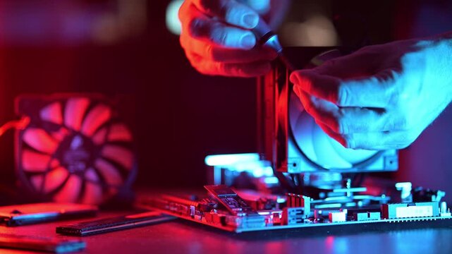 Closeup hand of computer hardware dissemblers fixing computer PC.