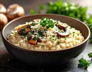 Nahaufnahme eines Pilzrisottos in einer Keramik-Schüssel – Ialienisches Gericht Käse.
