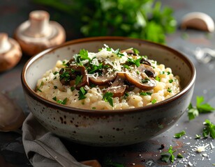 Cremiges Pilzrisotto in einer Keramik-Schüssel – Ialienisches Gericht Käse.