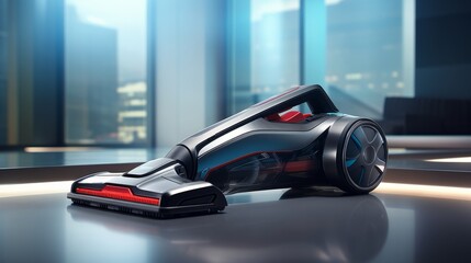 Modern cordless vacuum cleaner with sleek design and advanced features, resting on a polished surface in a contemporary office environment, showcasing innovative cleaning technology