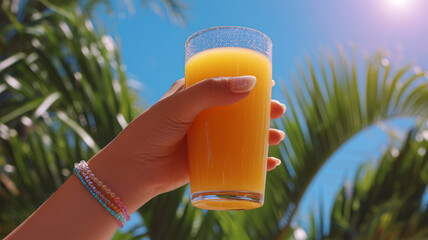 少女が手に持つオレンジジュースのグラスのアップ