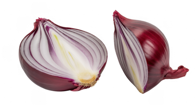 Red onion halves and quarter isolated on a transparent background