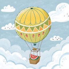 A whimsical melon-shaped hot air balloon drifts through soft clouds