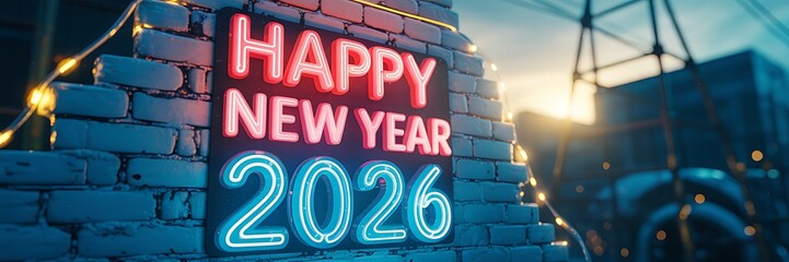 Illustration of happy new year 2026 neon sign against a brick wall