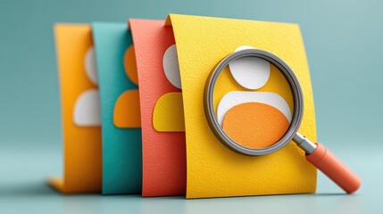 Colorful folders with illustrated user icons and a magnifying glass depict the theme of user selection and organization, Ideal for topics in recruitment, user management, or data analysis,