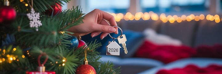 Illustration of christmas tree with house key ornament, new home for 2026