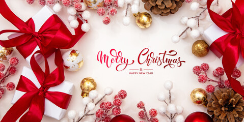 Merry Christmas and Happy New Year greeting card, frame, and banner. Holidays design. Noel and...