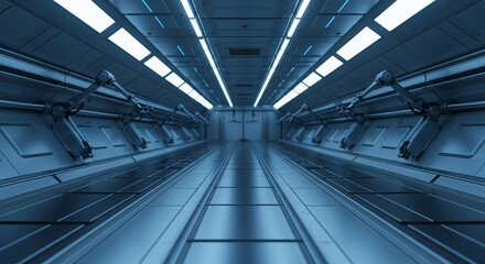 Long, metallic corridor with blue illumination, perspective view. The image presents a futuristic, technological environment, possibly of a spaceship interior