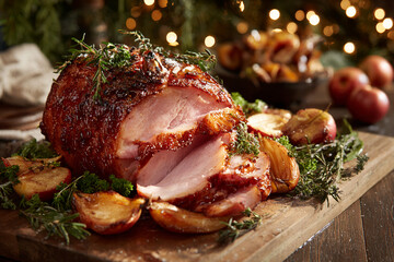 Honey-baked ham with glossy caramel surface, cut slices revealing juicy texture, surrounded by roasted apples and festive herbs