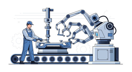 Fototapeta premium Automated manufacturing process combining human skill with robotic precision in modern factory