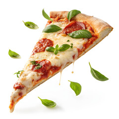 Levitating Pizza Slice with Basil and Melting Mozzarella